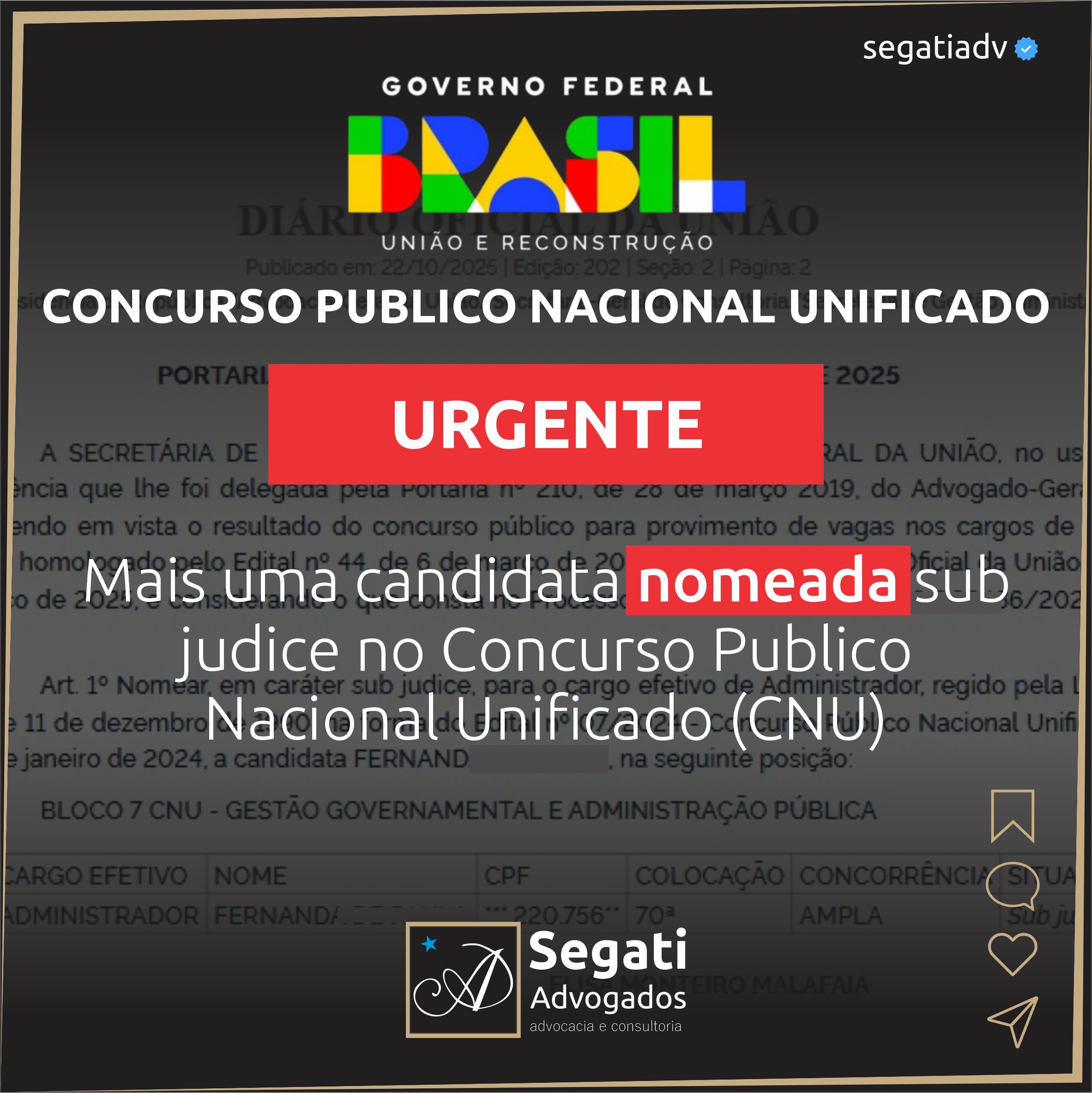 Mais uma candidata nomeada sub judice no Concurso Publico Nacional Unificado (CNU)